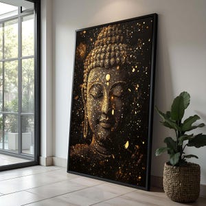 Goldene Buddha Wandkunst - Minimalistisches Zen-Dekor mit strahlenden Punkten für Meditationsraum & spirituelle, spirituelle Wand Leinwand| Spirituelles Home Dekor