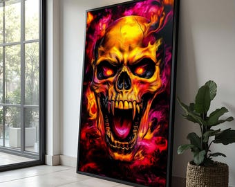 Cuadro de calavera en llamas: decoración gótica de terror para Halloween.