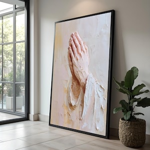 Praying Hands Canvas Print - Impasto Painting Christian Faith Wall Art, Minimalist Jesus Prayer Decor for Living Room Bedroom