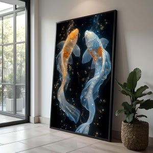 Glödande Koi-fiskcanvas, eterisk undervattenskonst, väggdekor, fridfull fiskparmålning, lyxig heminredning för vardagsrummet