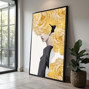 Golden Floral Woman Canvas Art | Modern Minimalist Portrait Print | Elegant Gold Flower Wall Art | Chic Home Decor | Gift for Her