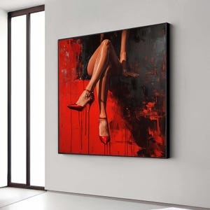 Red High Heels Art, Sensual Legs Canvas, Glamorous Femme Fatale Wall Art, Bold Red and Black Painting, Ready to Hang Canvas