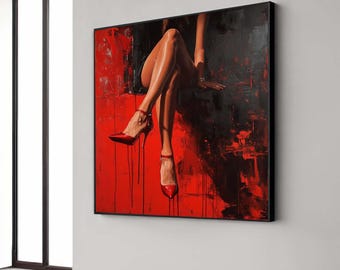 Arte em tela com salto alto vermelho: Pintura sensual de mulher fatal