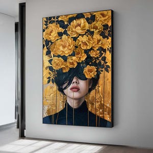 Gold Floral Woman Portrait Art Print - Modern Abstract Wall Art