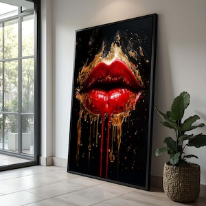 Red and Gold Drip Lips Art | Gold Lips Canvas | Luxury Wall Decor | Abstract Lip Painting | Unique Gift for Her | Modern Art