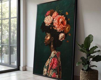 Könnte beinhalten: Gerahmter Kunstdruck mit dem Profil einer Person mit dunkler Haut, geschmückt mit einem großen Blumenarrangement. Das Kunstwerk zeigt einen dunkelgrünen Hintergrund und ein blumenmusterndes Kleidungsstück. Der Druck wird in einem schwarzen Rahmen präsentiert.