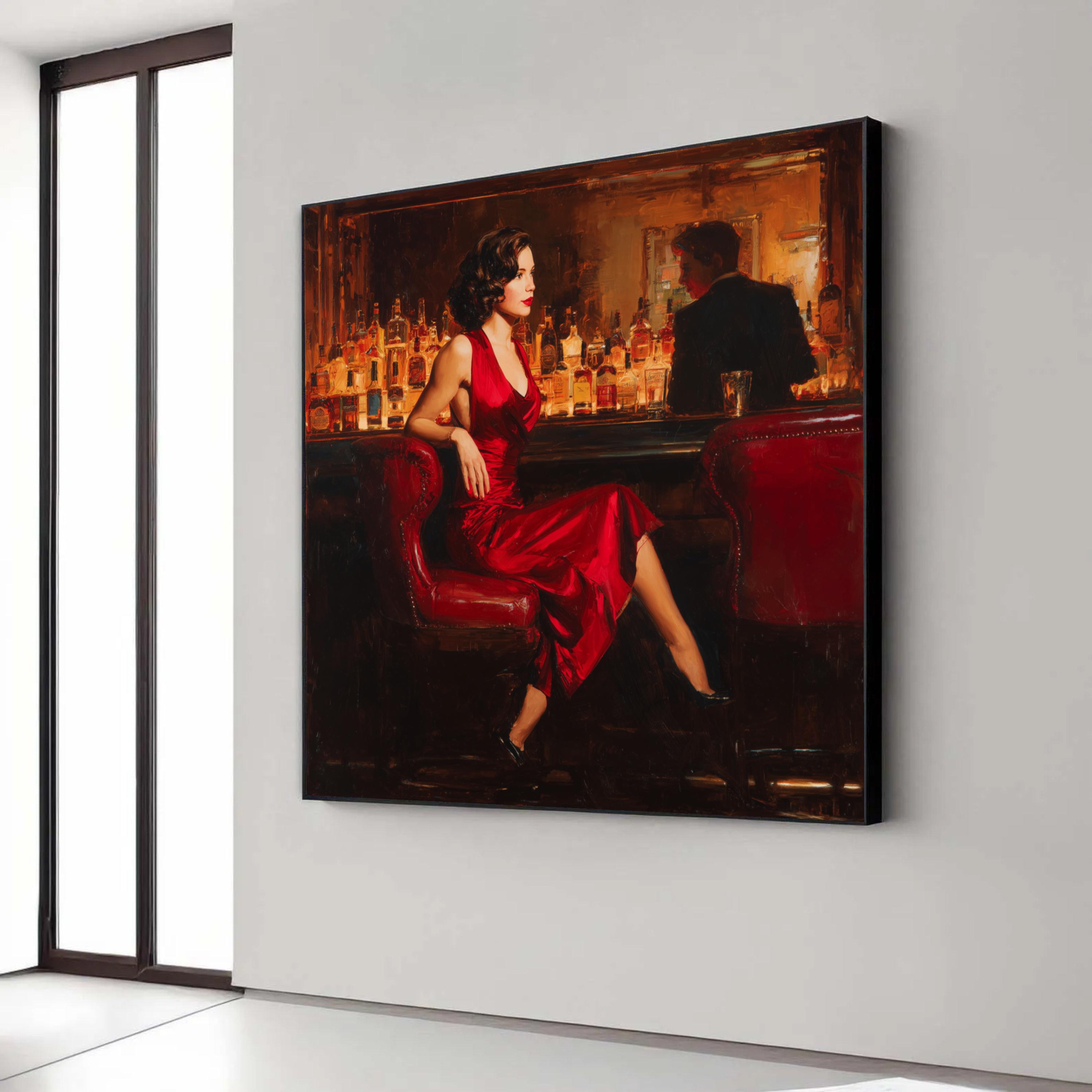 Elegant Woman in Red Dress Canvas Print, Vintage Bar Scene Wall Art - Etsy