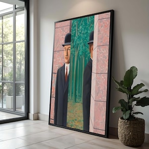Impressão artística surrealista de Magritte - Área comum de René Magritte, homem misterioso com chapéu-coco, decoração de parede exclusiva, obra de arte instigante