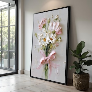 インパストデイジーブーケキャンバスプリント - 白とピンクの花の油絵、パステルリボンコテージコアウォールアート、寝室リビングルーム用
