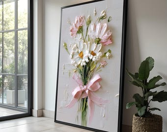 Bukiet stokrotek w kolorze impasto na płótnie: Różowa wstążka Cottagecore Wall Art