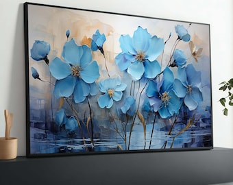 Blue Floral Canvas Art: 3D Flower Painting, Modern Wall Decor