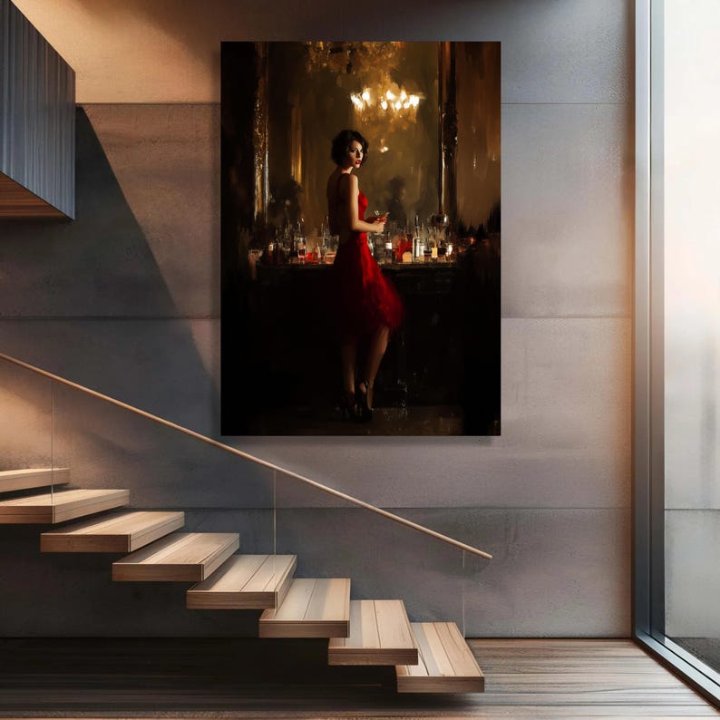 Glamour Woman in Red Dress Canvas Print, Moody Bar Scene Wall Art - Etsy