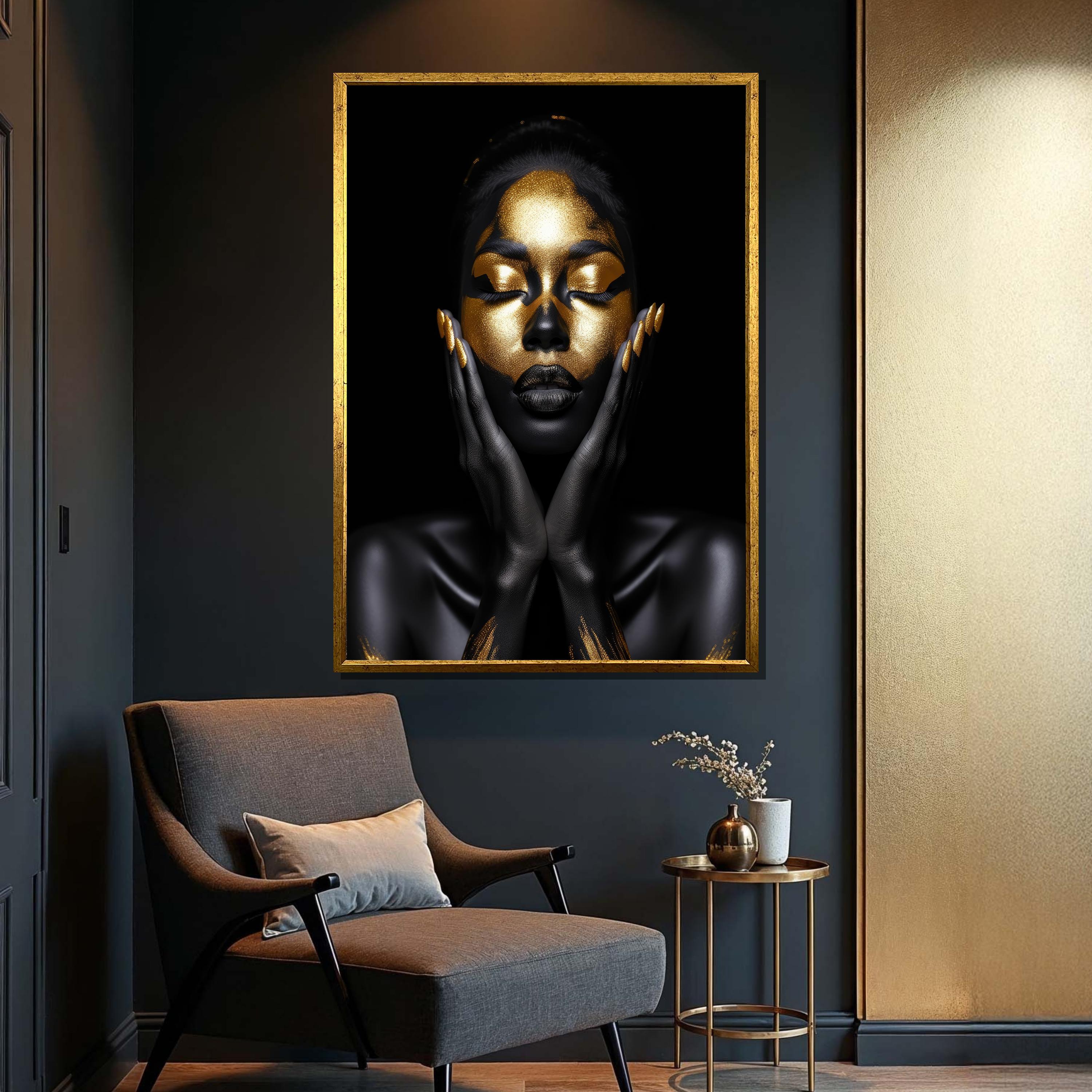 Black and Gold Woman Canvas: Glam Afro Art Portrait - Etsy