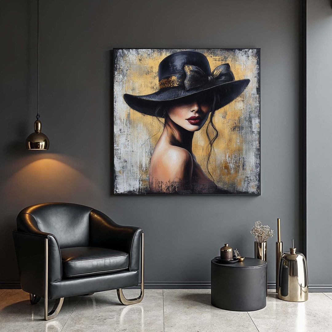 Elegant Woman Canvas Print, Lady in Black Hat, Glamour Art - Etsy