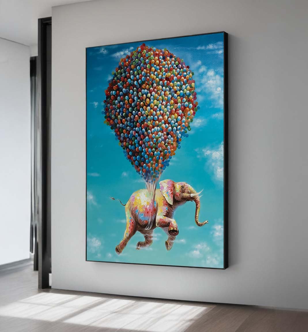風船を持った象のキャンバスプリント：気まぐれな子供部屋の壁アート