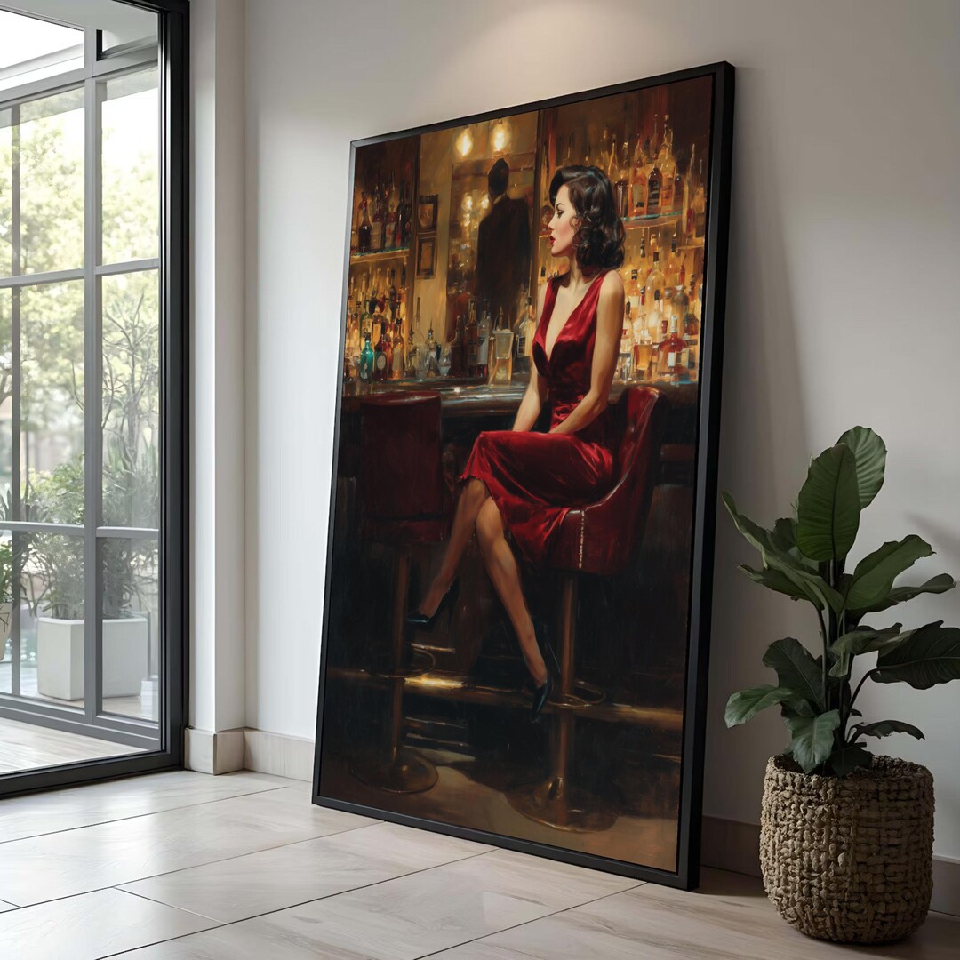 Woman in Red Dress Canvas Print, Vintage Bar Scene, Glamorous Wall Art ...
