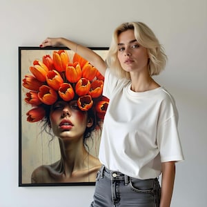 Retrato de mulher com coroa de tulipas em tela - pronto para pendurar