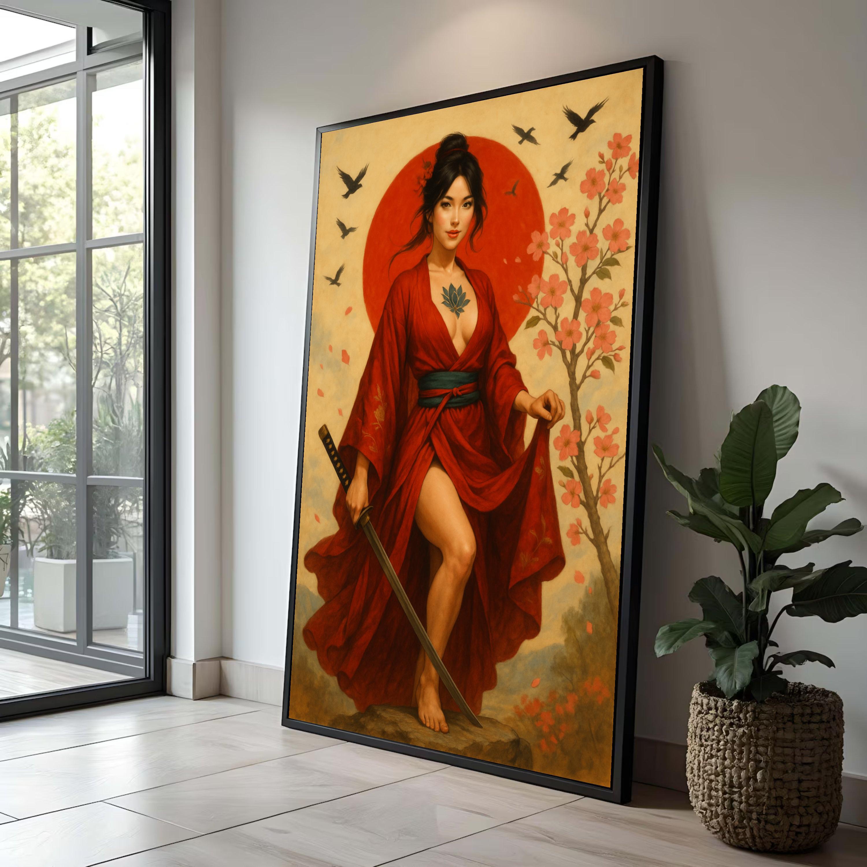 Samurai Woman in Red Kimono Canvas, Japanese Warrior Art Print - Etsy