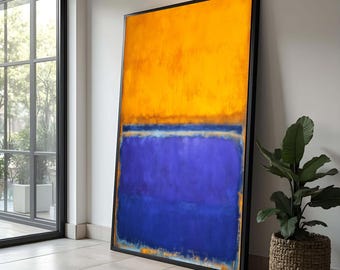 May include: Abstract art print featuring a large rectangular canvas with a vibrant color block design. The upper portion is a bright yellow, the lower is a deep blue, and a thin blue line separates the two. The artwork is framed in black.