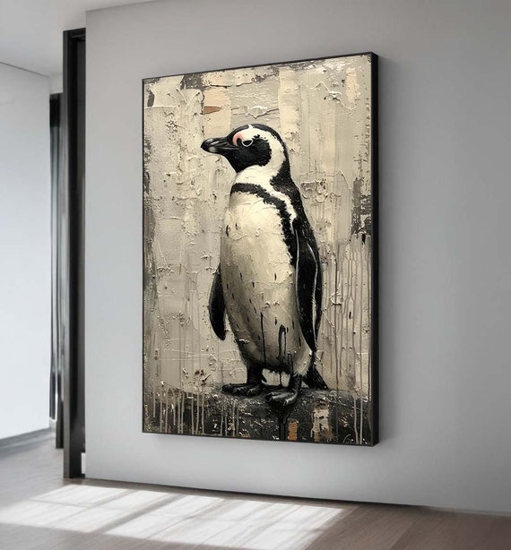 テクスチャペンギンキャンバスアート：素朴な白黒動物画 - Etsy 日本