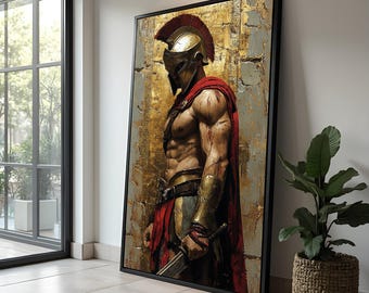 Spartan Warrior with Red Cape Canvas Wall Art, Bronze Helmet with Crest