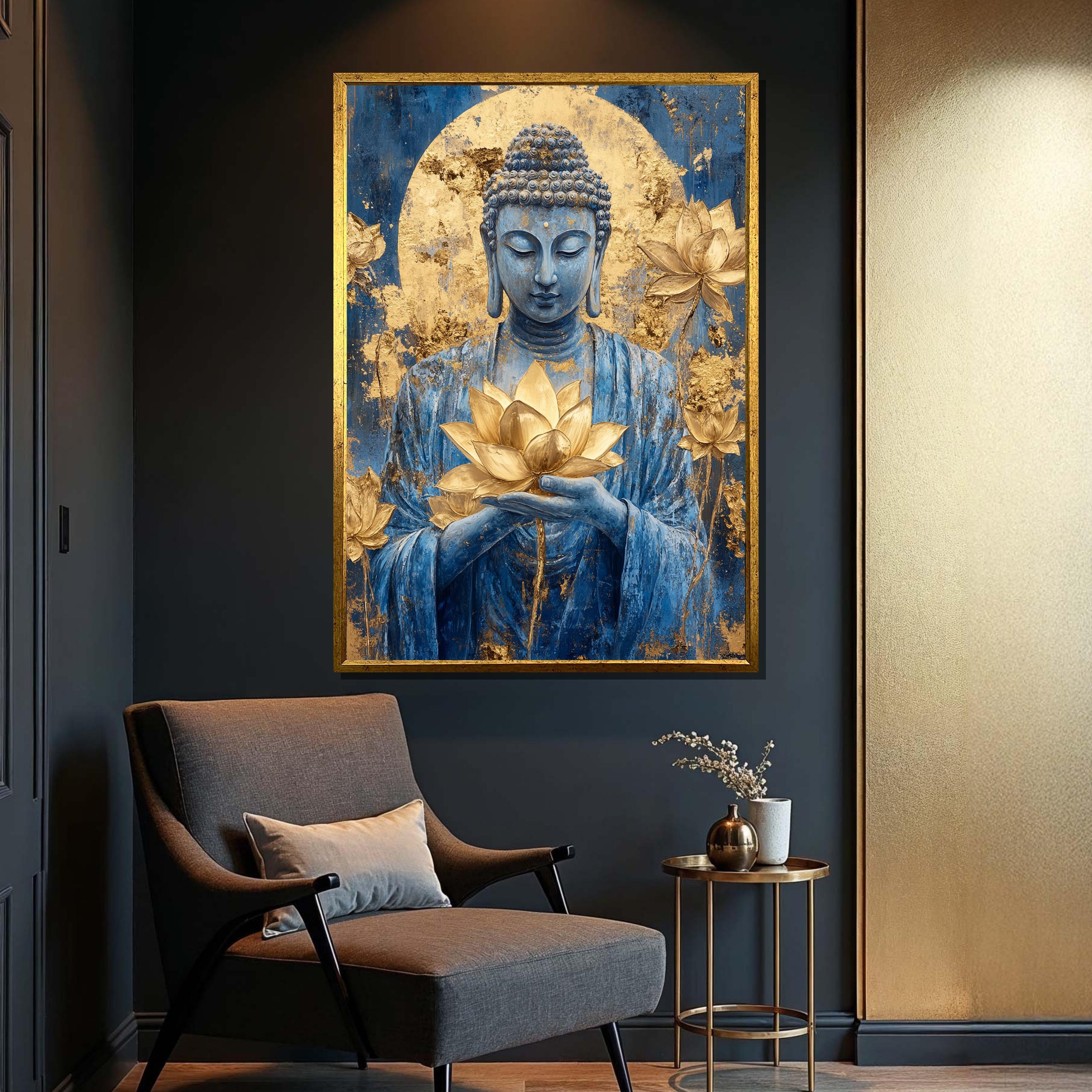 Blue Buddha With Golden Lotus Wall Art - Spiritual Canvas for Zen ...