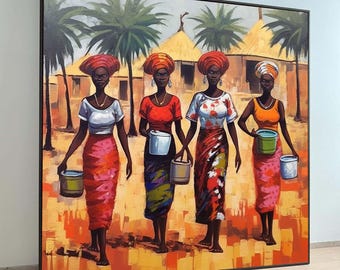African Women Canvas Print: Colorful Village Scene, Ethnic Wall Art
