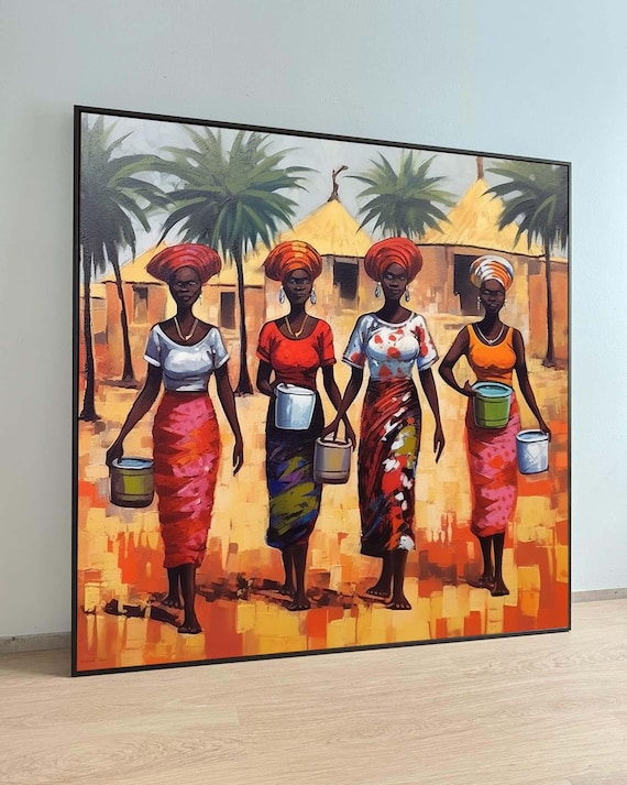 African Women Canvas Print: Colorful Village Scene, Ethnic Wall