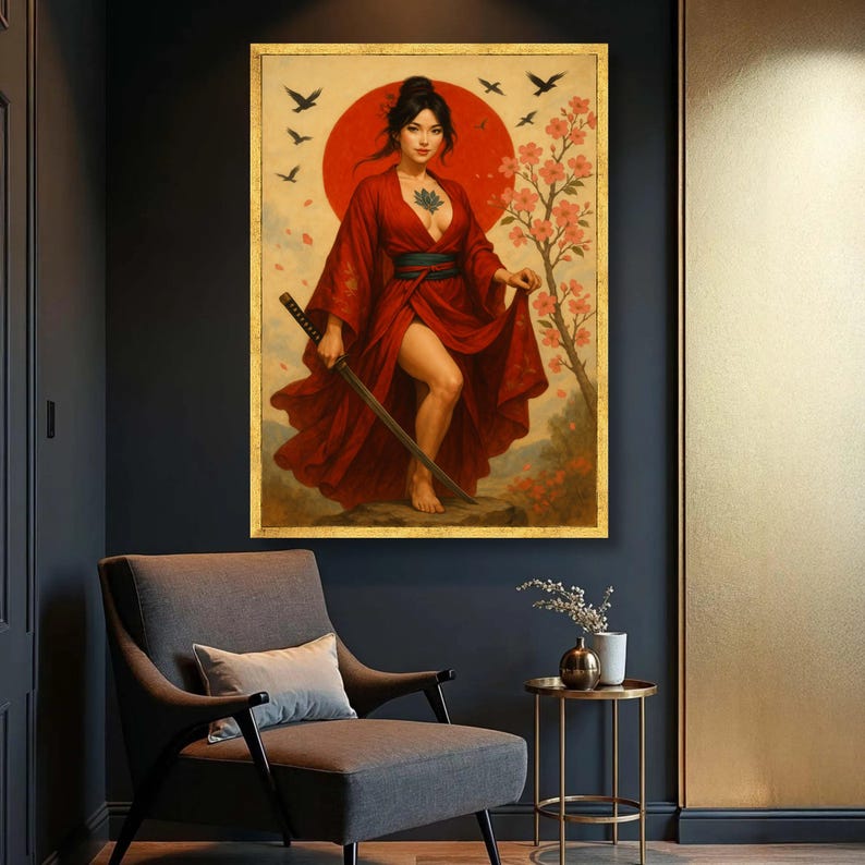 Samurai Woman in Red Kimono Canvas, Japanese Warrior Art Print - Etsy