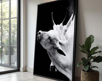 Zwart-witte canvasafdruk koe: minimalistische boerderijmuurkunst