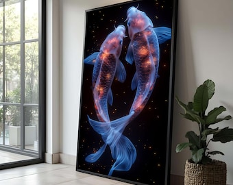 Mystical Koi Fish Canvas Art, Glowing Blue Koi Wall Decor, Abstract Aquarium Painting, Modern Nature Canvas, Ready to Hang Luxury Home Decor