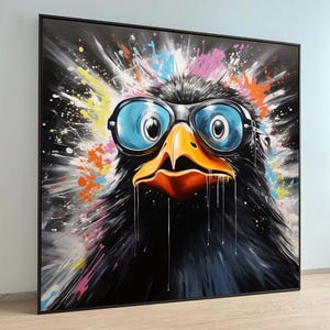 Arte de pájaros peculiares con gafas: pintura pop art colorida y divertida, decoración de pared con animales divertidos para la sala de estar o la oficina