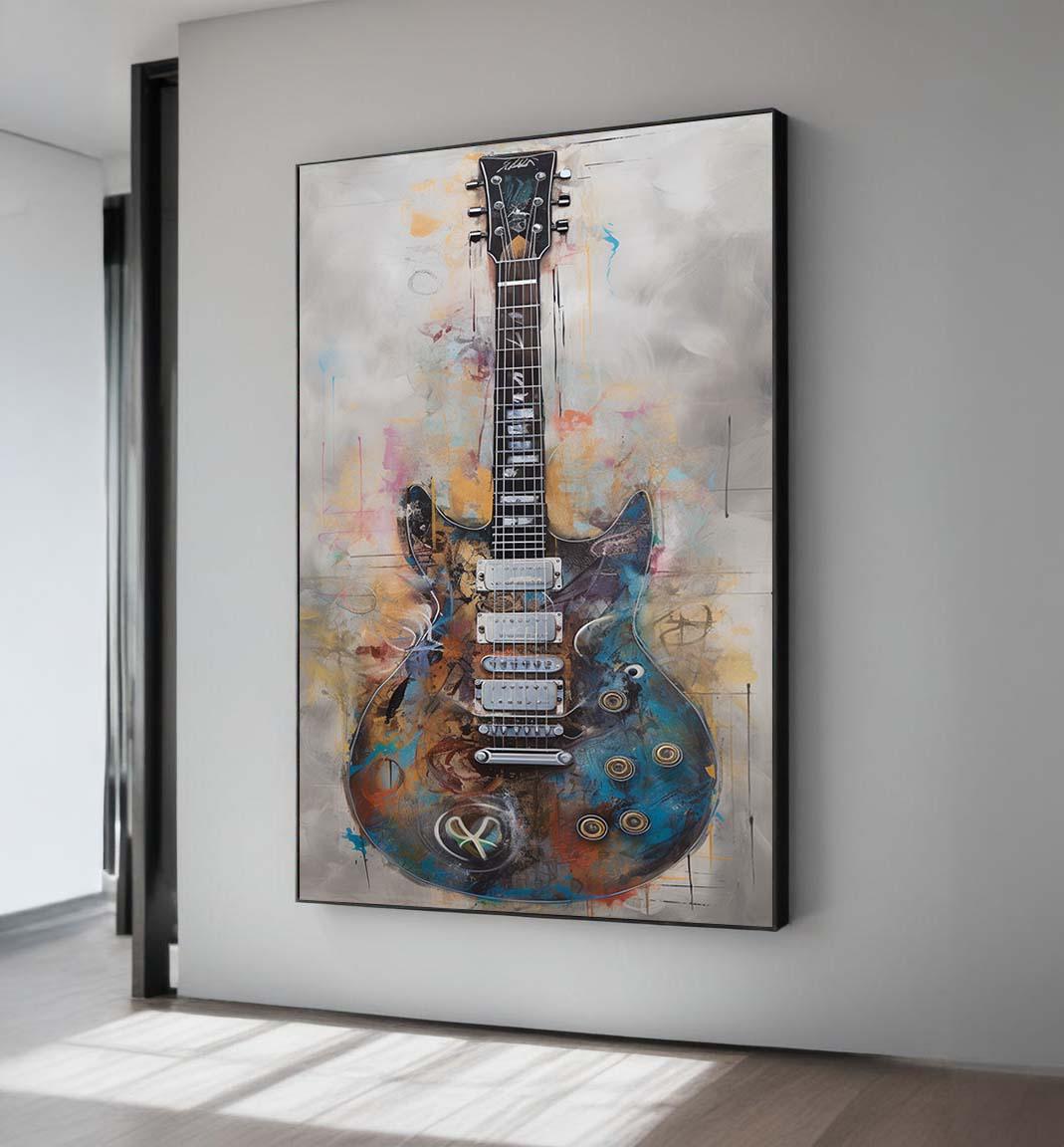 Abstrakcyjny obraz na płótnie z gitarą elektryczną: nowoczesna sztuka ścienna z muzyką