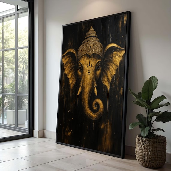 Golden Ganesha Canvas Art: Hindu God, Spiritual Home Decor