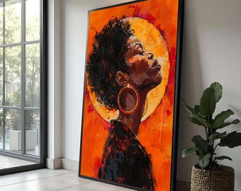 Abstracte canvaskunst afro vrouw, moderne portretschildering, oranje achtergrond