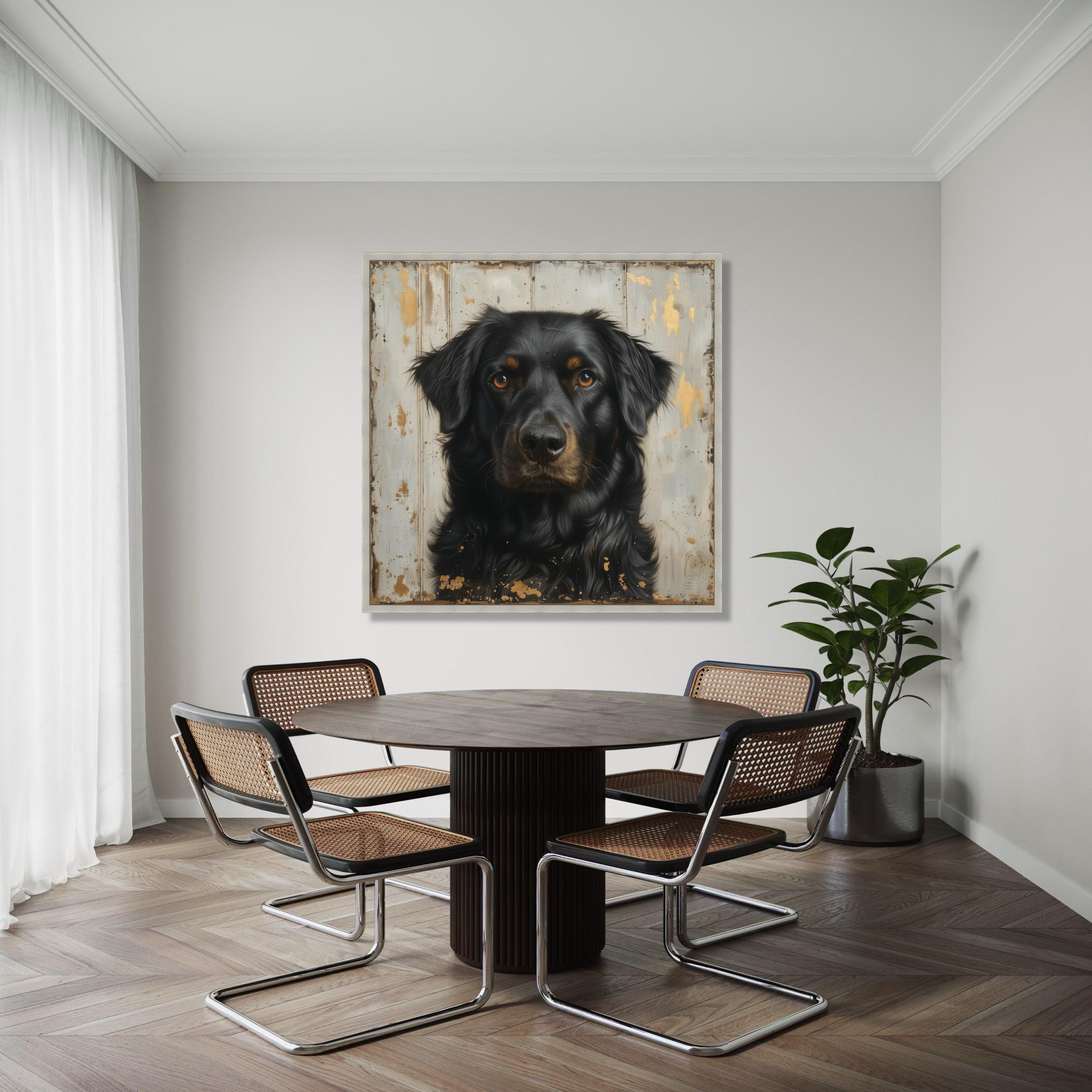 黒犬の肖像画キャンバス：素朴な木製ウォールアート、リアルなペットの