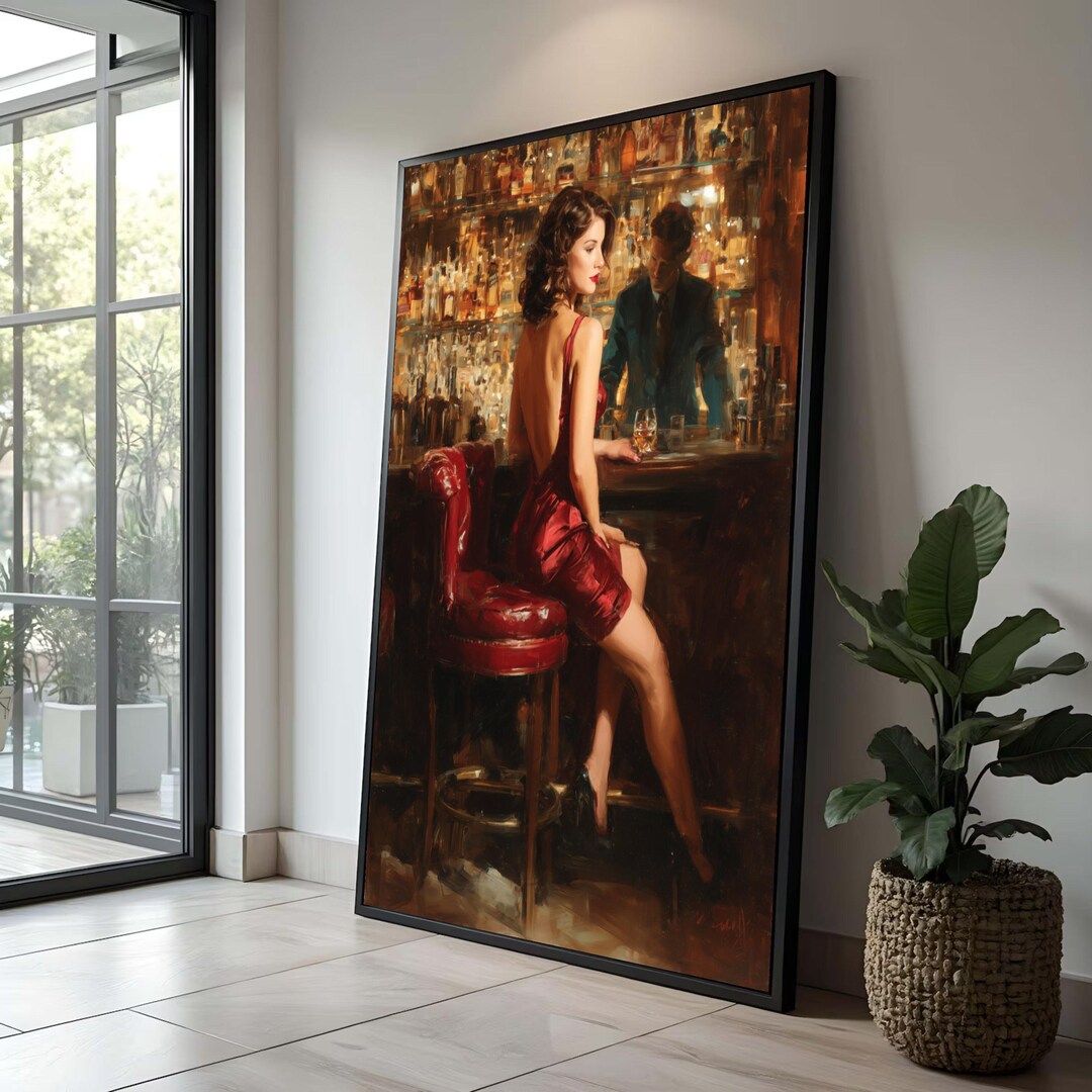 Vintage Woman in Red Dress Canvas Print, Romantic Bar Scene Art - Etsy
