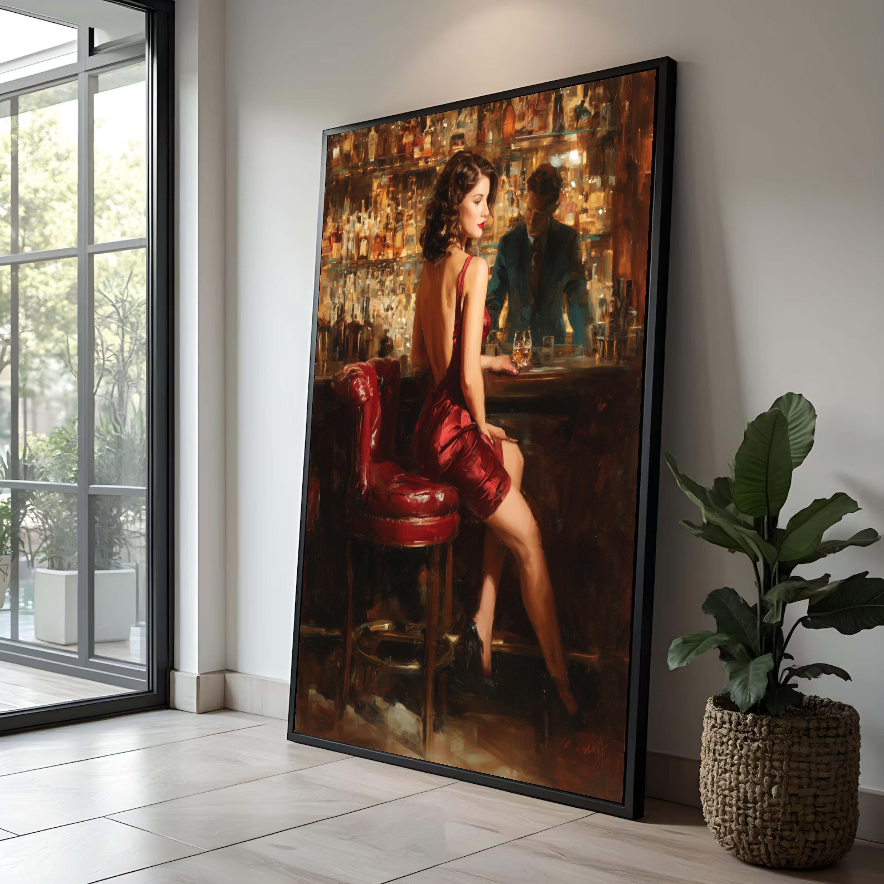 Vintage Woman in Red Dress Canvas Print, Romantic Bar Scene Art - Etsy