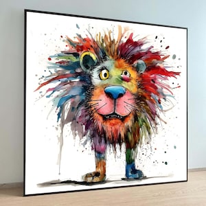 Arte colorido de león en acuarela - Impresión animal caprichosa - Decoración de pared para habitación de niños - Arte divertido y lúdico con temática de safari, Arte en lienzo de león