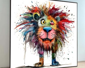 Cuadro de león en acuarela sobre lienzo: decoración infantil con temática de safari y un toque de fantasía.