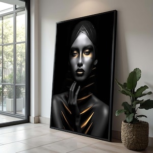 Golden Black Woman Portrait Canvas: Abstract Metallic Glamour Art