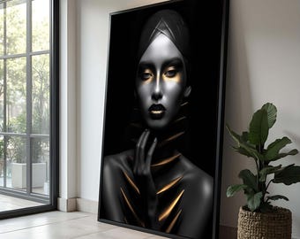 抽象的な金色の要素を持つ黒人女性の肖像画の壁アート、アフロセン