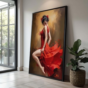 Elegante bailarina de flamenco con vestido rojo / Impresión artística de baile apasionado / Decoración de pared vibrante / Regalo de estilo español para amantes del baile, arte de la danza