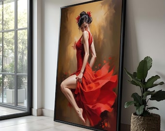 May include: A painting of a woman in a red dress with a flowing skirt. The woman is standing on one leg and holding the other leg up. The background is a soft yellow with red flowers.