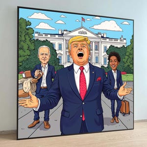 Lienzo de caricatura presidencial, impresión de arte político satírico, ilustración humorística de la Casa Blanca, Biden y Kamala, presidente de Estados Unidos, arte de Trump