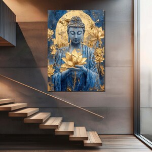 Blue Buddha With Golden Lotus Wall Art - Spiritual Canvas for Zen ...