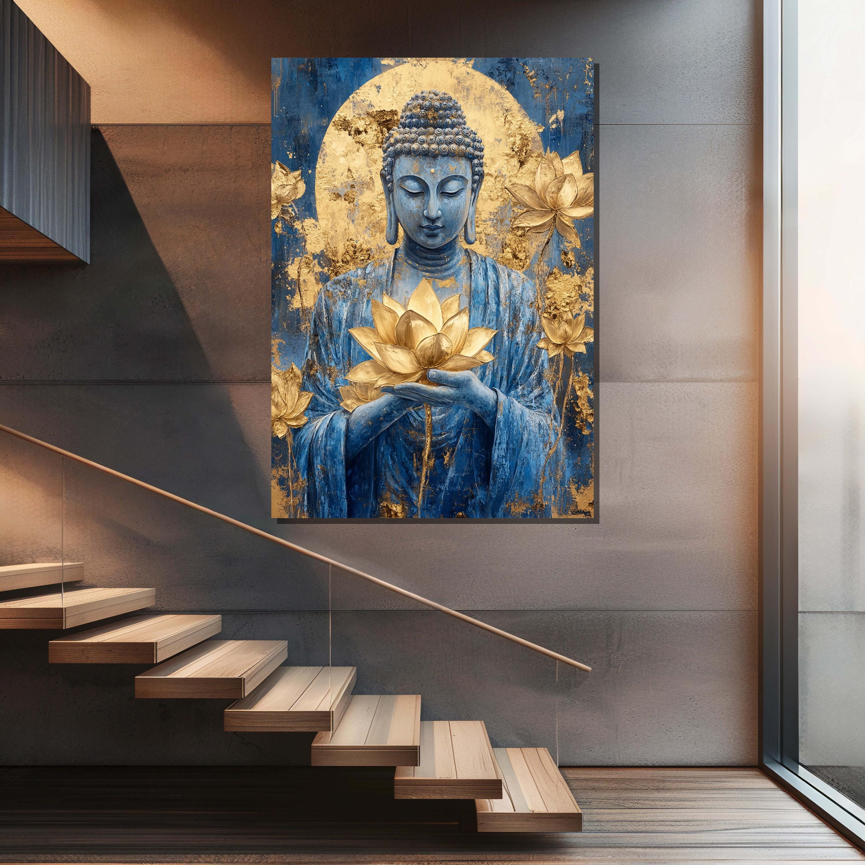 Blue Buddha With Golden Lotus Wall Art - Spiritual Canvas for Zen ...