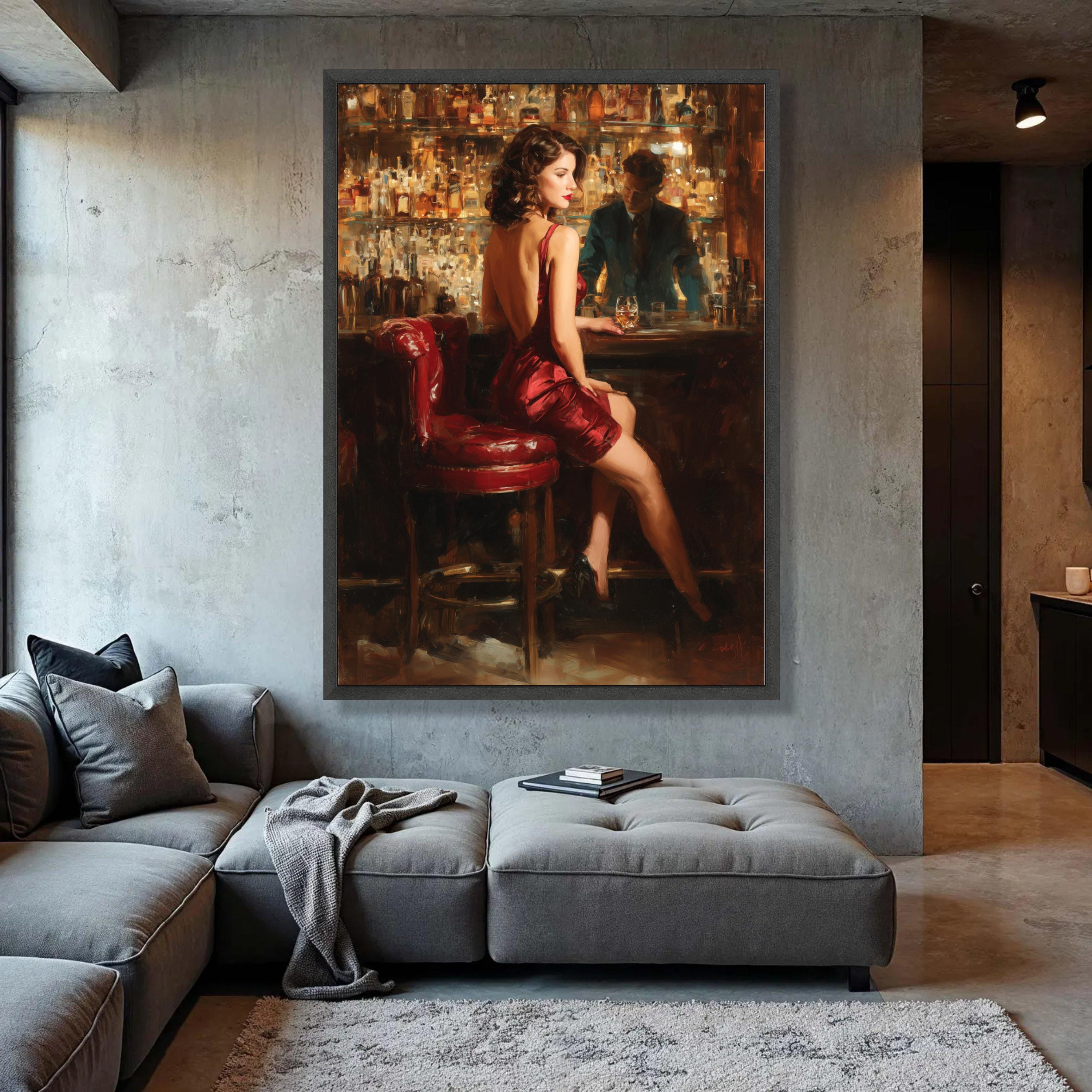 Vintage Woman in Red Dress Canvas Print, Romantic Bar Scene Art - Etsy