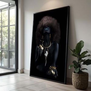 Impressão em tela de arte de mulher negra afro | Joias douradas, decoração afrocentrada