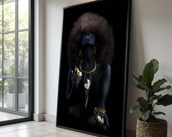 Afro zwarte kunstcanvas canvasafdruk | Gouden sieraden, afrocentrisch decor